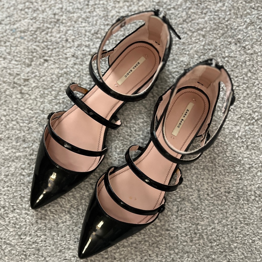 Zara Glossy Black Strappy Heels